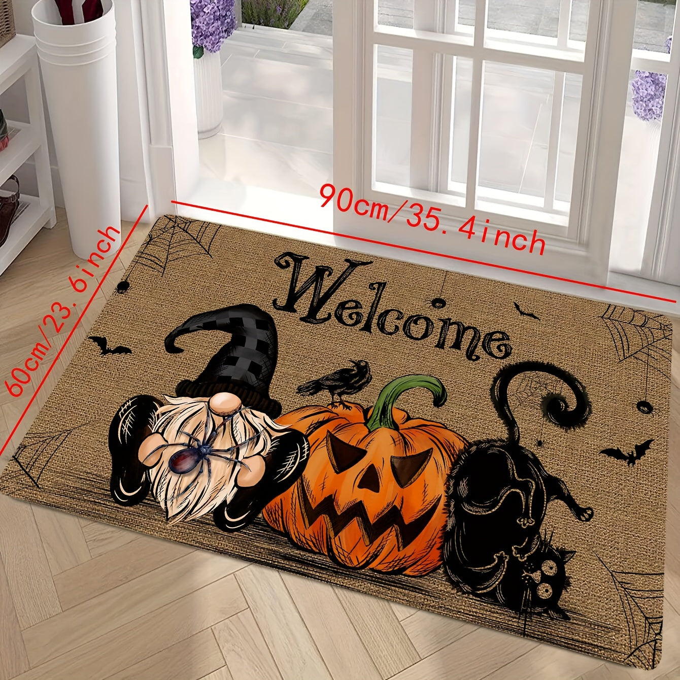 Halloween-Themed Non-Slip Door Mat With Pumpkin, Black Cat & Gnomes Design - Washable Polyester Entrance Rug For Home & Kitchen Decor