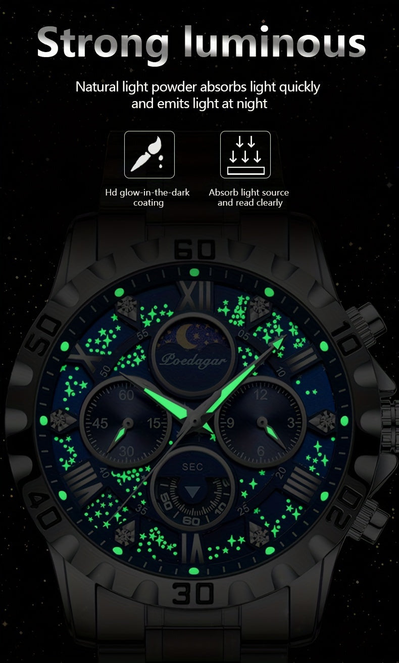 [New Business Water Resistance Watch] POEDAGAR 2024 New Business Executive Men's Quartz Chronograph Watch with Water Resistance, Night Light, and Stainless Steel Band