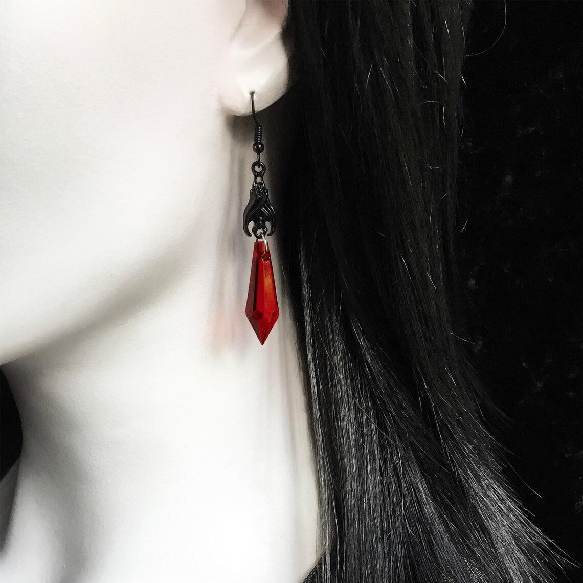 Gothic Bat Dangle Earrings with Red and Black Faux Gemstones - Alloy, Perfect for Parties, Daily Wear, or as a Gift for Friends, Party Accessories | Dramatic Design | Alloy Construction, Halloween Earrings
