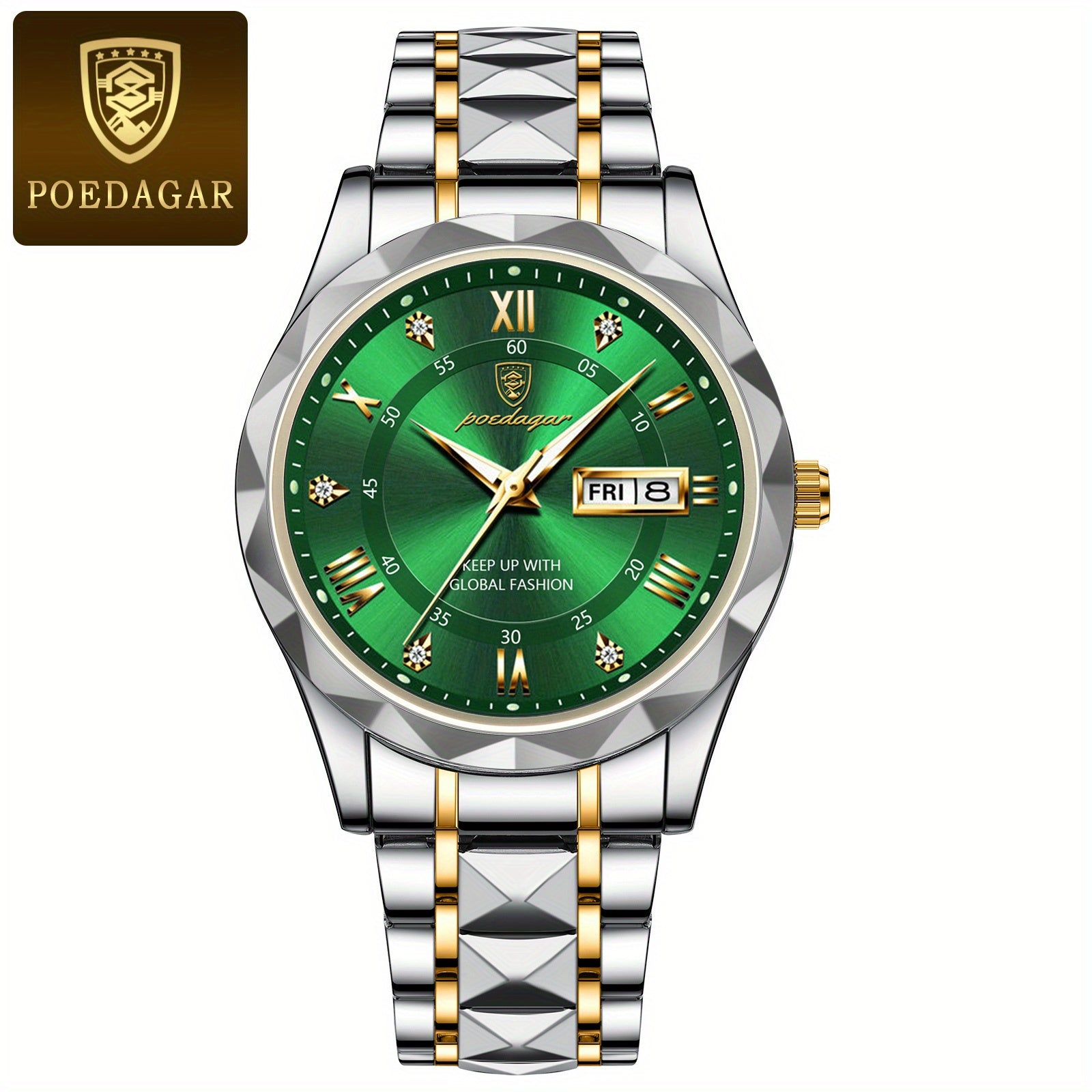 POEDAGAR Fashion Men's Watch Quartz Watches Waterproof Glow Calendar Luxury Stainless Steel Men's Watch, Ideal choice for Gifts