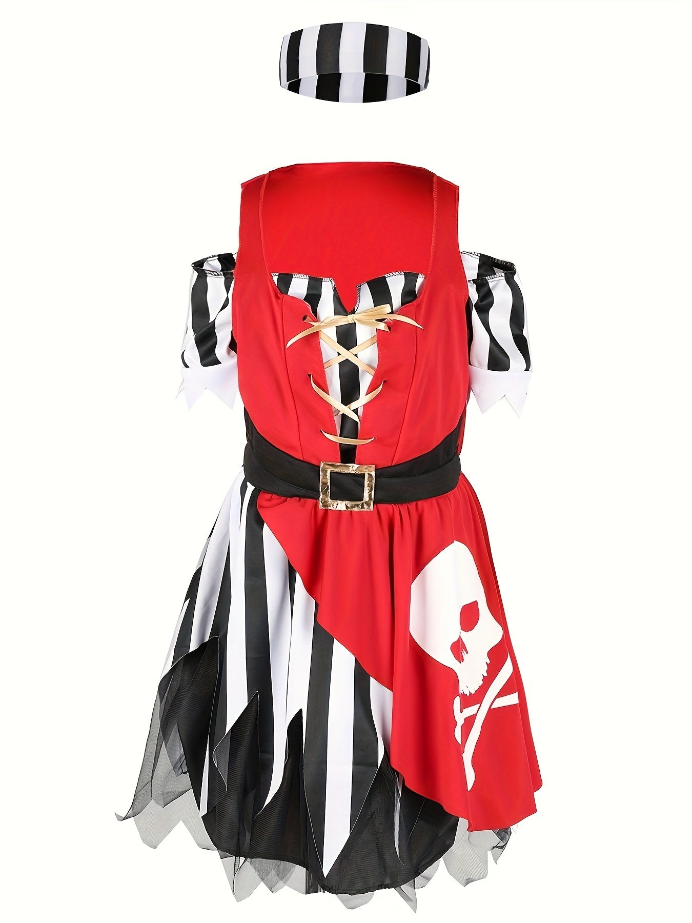 Girls Fun & Cool Off Shoulder Crisscross Strap Front Crossbone Pattern Asymmetrical Dress & Striped Headband For Halloween Party, Girls Pirate Dress Up Outfit, 2pcs