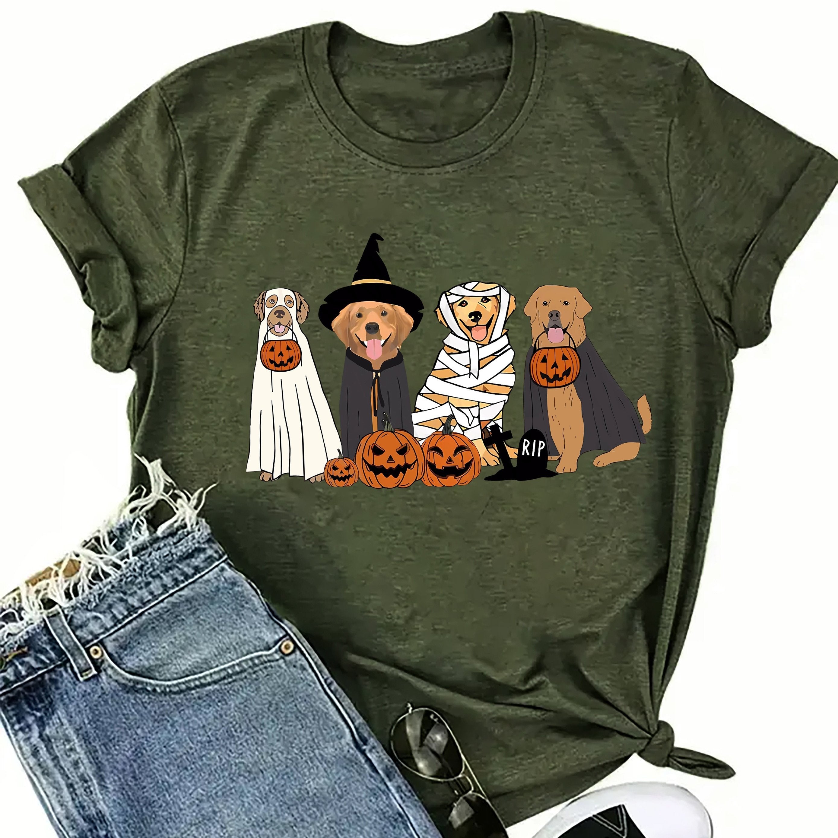 Halloween Dog Themed T-Shirt for All Seasons - Casual Polyester Knit Fabric with Round Neckline, Pumpkin Carved Jack-o'-Lanterns & Wrapped Dogs Design, Regular Fit