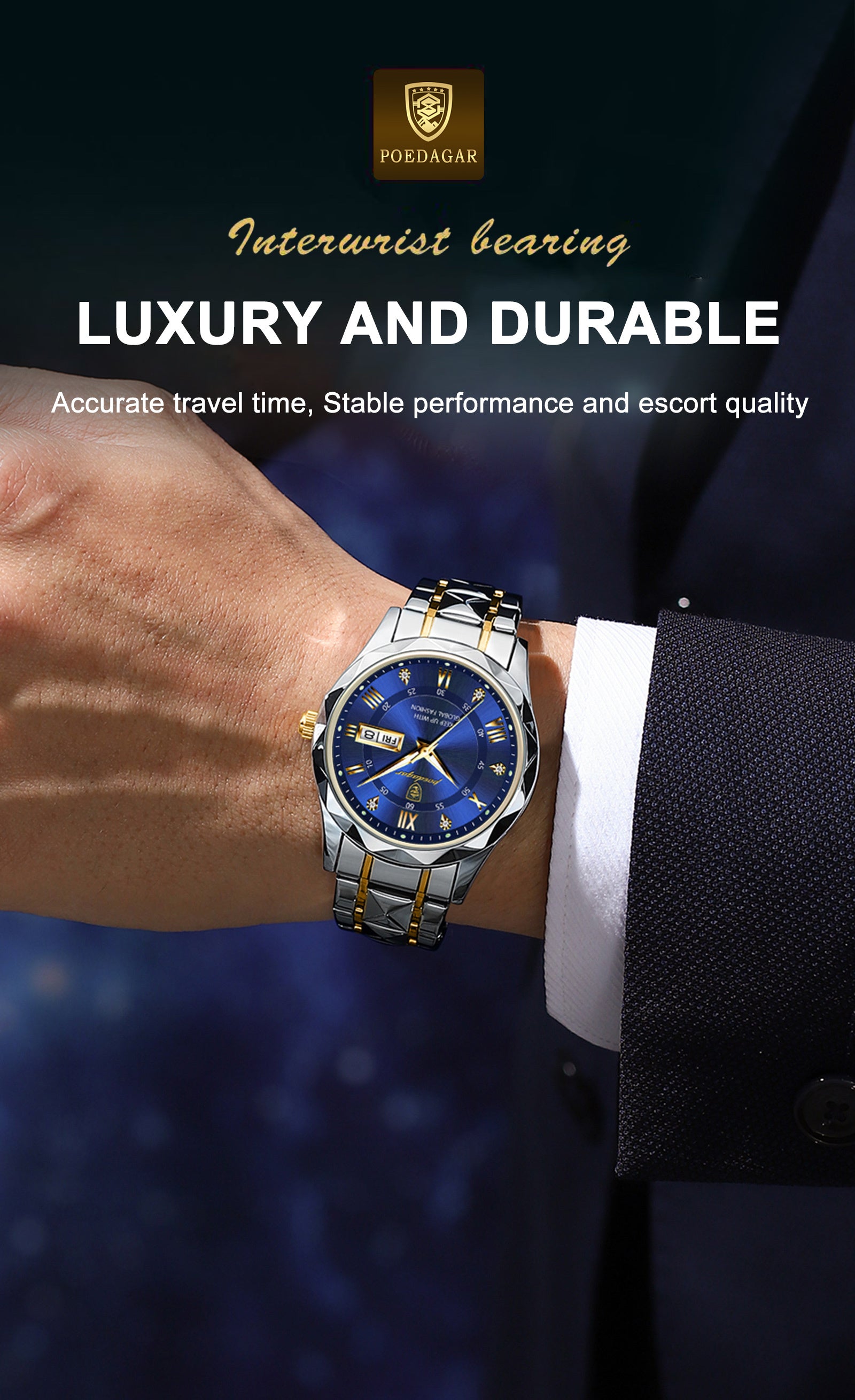 POEDAGAR Fashion Men's Watch Quartz Watches Waterproof Glow Calendar Luxury Stainless Steel Men's Watch, Ideal choice for Gifts