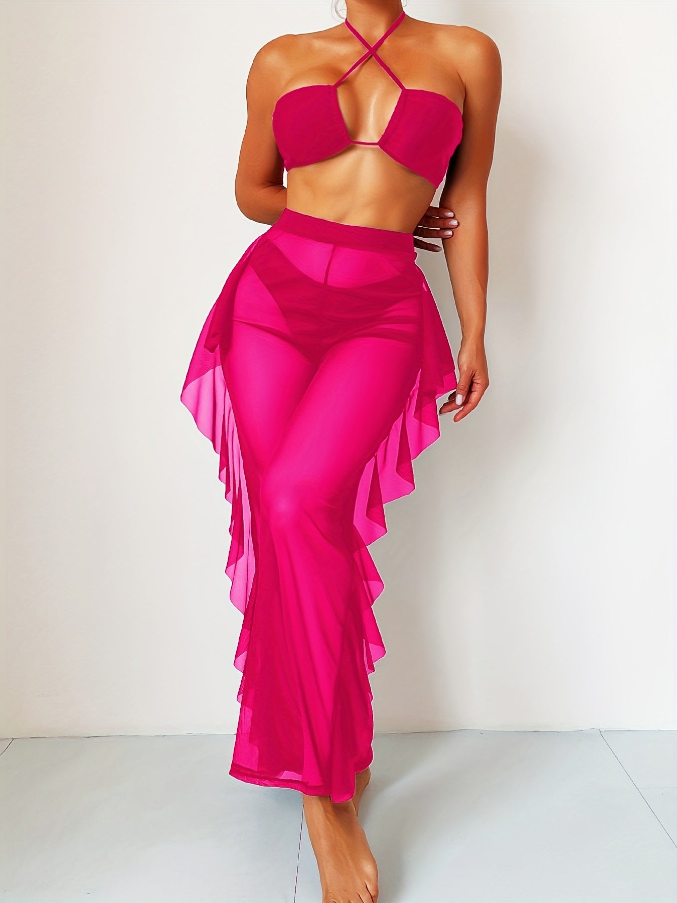 [Sexy Mesh Bikini] Three-piece Sexy Black Mesh Bikini Swimsuit Women's Pure Fashion Gathered Cross-Band Panty