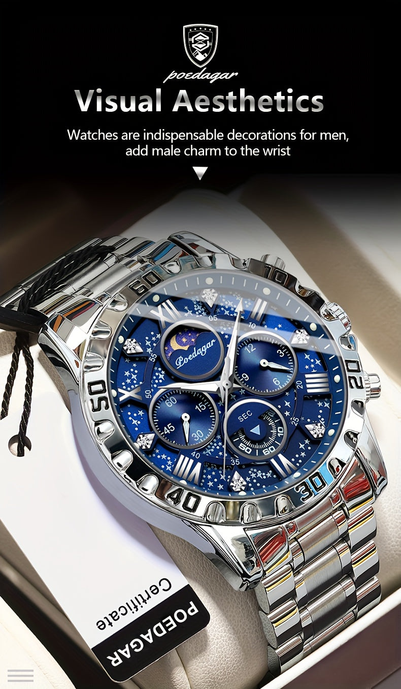 [New Business Water Resistance Watch] POEDAGAR 2024 New Business Executive Men's Quartz Chronograph Watch with Water Resistance, Night Light, and Stainless Steel Band