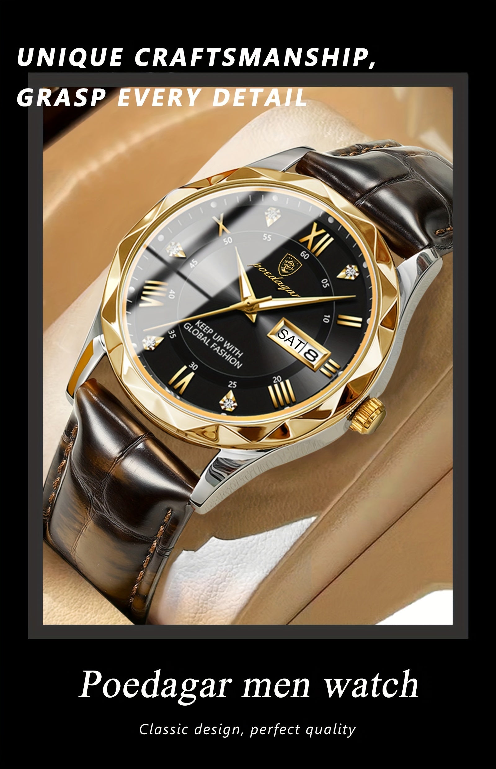 1pc POEDAGAR Men'S Casual Waterproof Luminous Dual Calendar Quartz Watch, Round Alloy Case, PU Leather Strap, Analog Display, 3ATM Dive Resistance, Battery Operated (Non-Rechargeable)