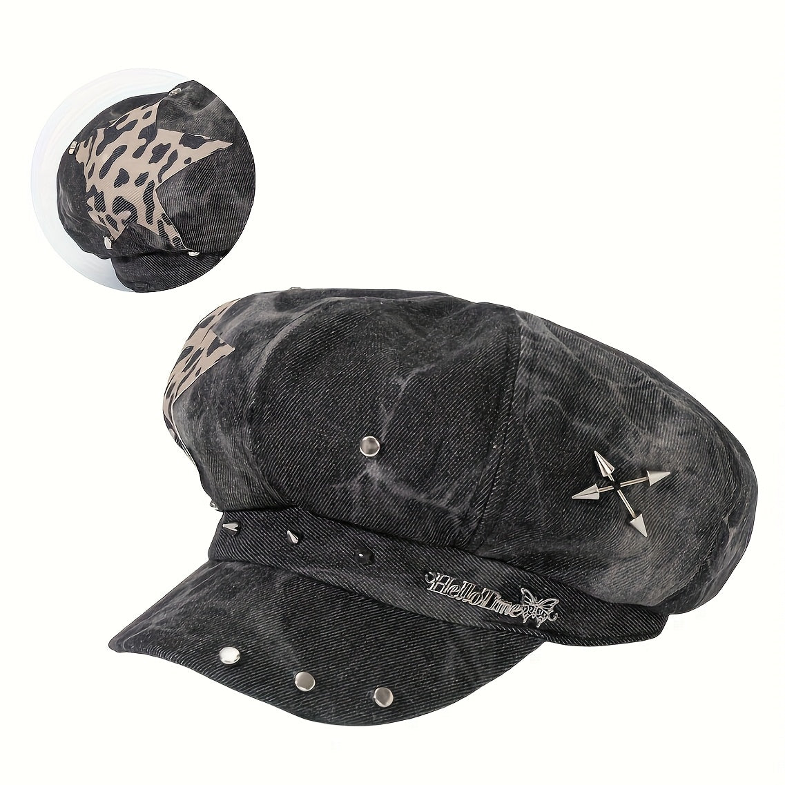 1pc Punk Style Denim Newsboy Cap with Metal Chain & Belt Detail - Black Washed Polyester Beret for Women, Lightweight & Hand Washable, Perfect for Parties, Halloween, and Gifts