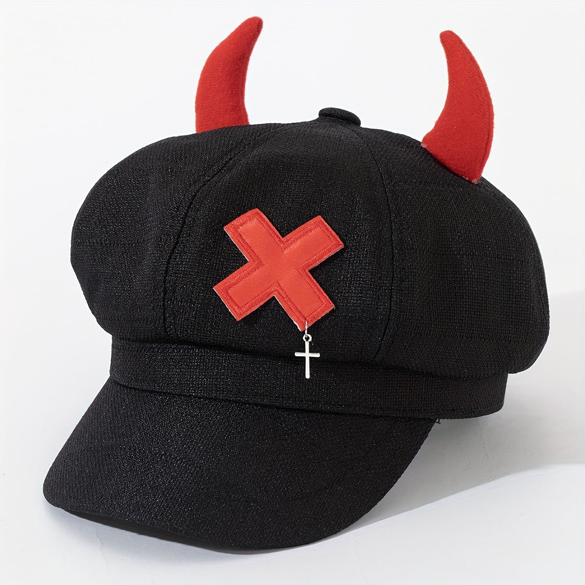 1pc Punk Style Denim Newsboy Cap with Metal Chain & Belt Detail - Black Washed Polyester Beret for Women, Lightweight & Hand Washable, Perfect for Parties, Halloween, and Gifts