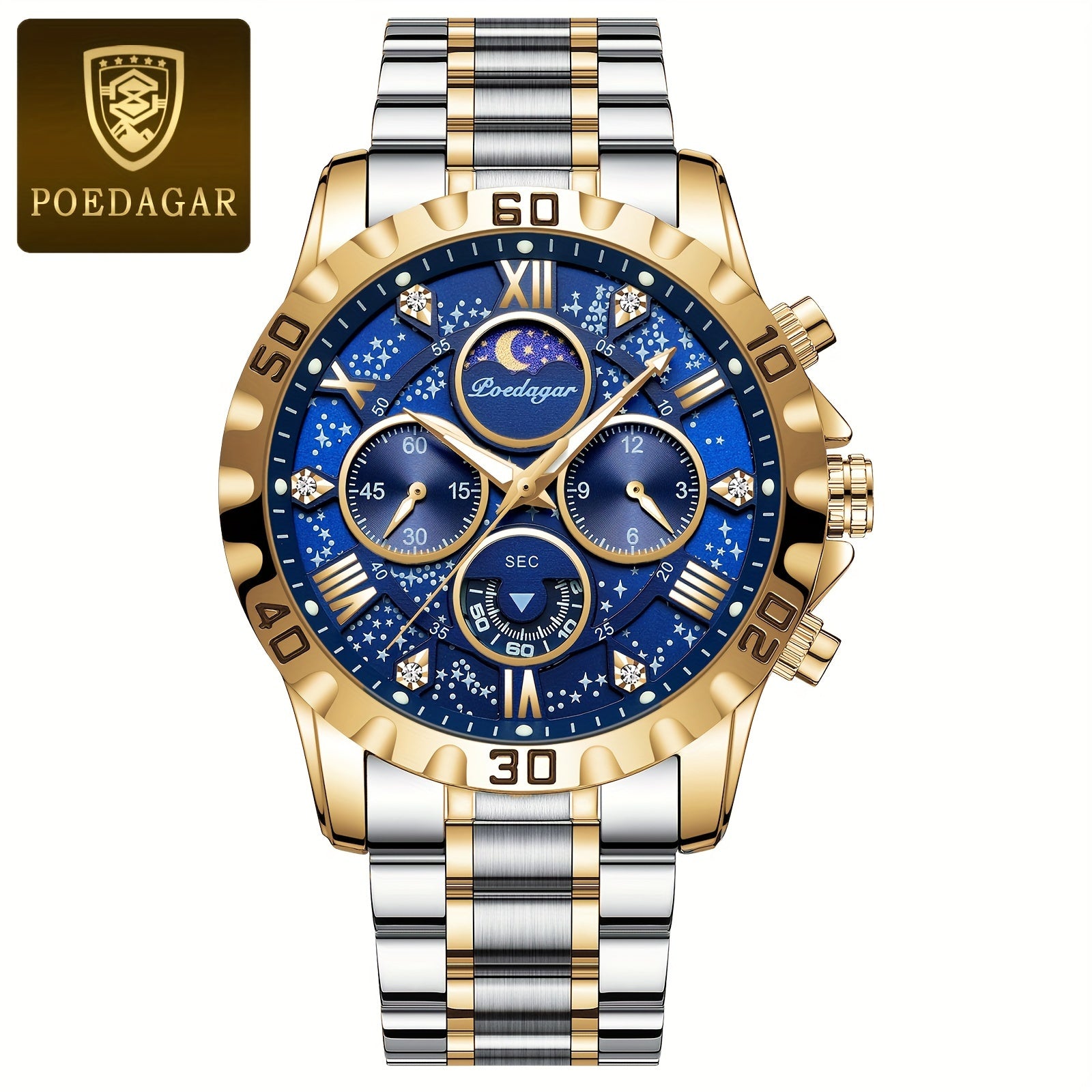 [New Business Water Resistance Watch] POEDAGAR 2024 New Business Executive Men's Quartz Chronograph Watch with Water Resistance, Night Light, and Stainless Steel Band