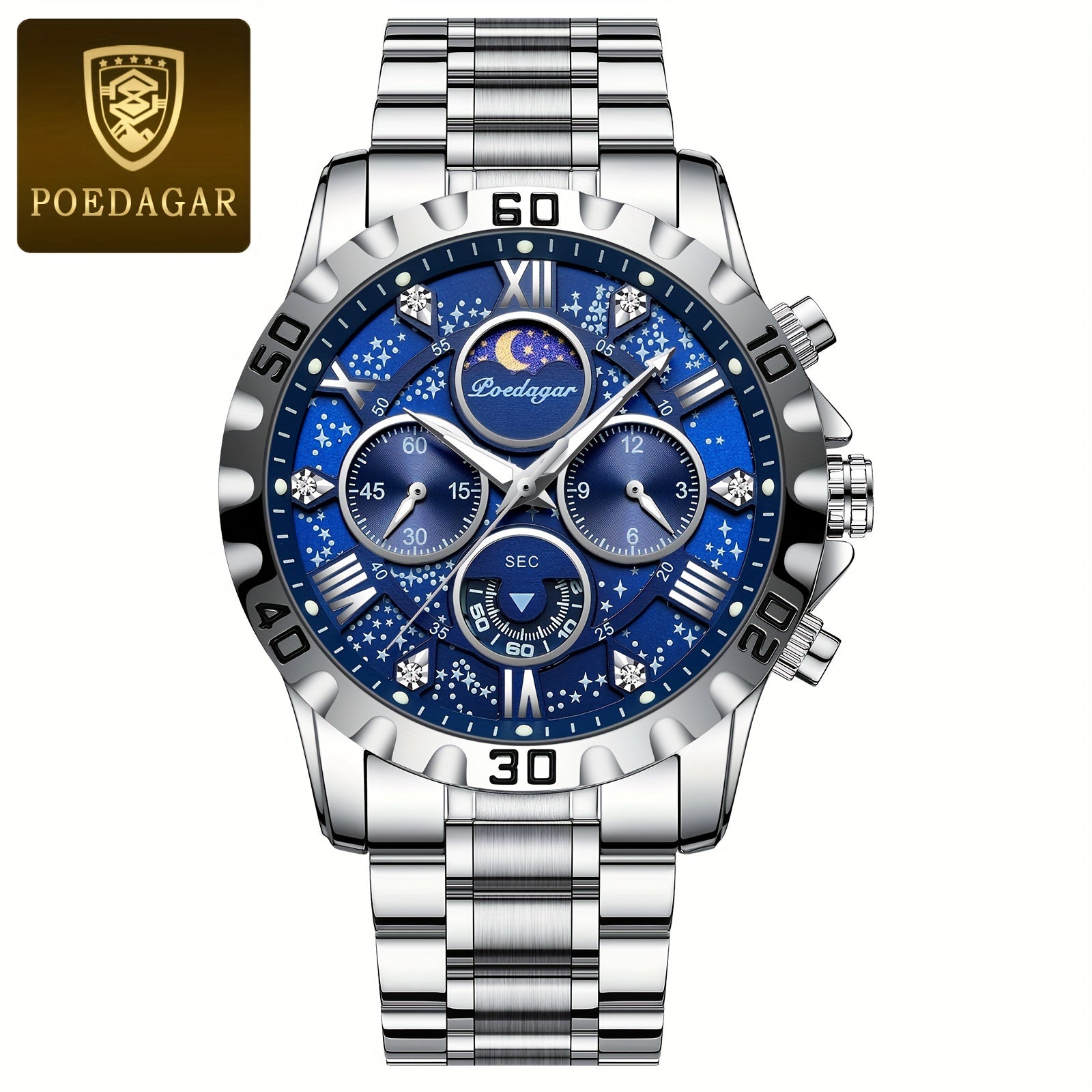 [New Business Water Resistance Watch] POEDAGAR 2024 New Business Executive Men's Quartz Chronograph Watch with Water Resistance, Night Light, and Stainless Steel Band