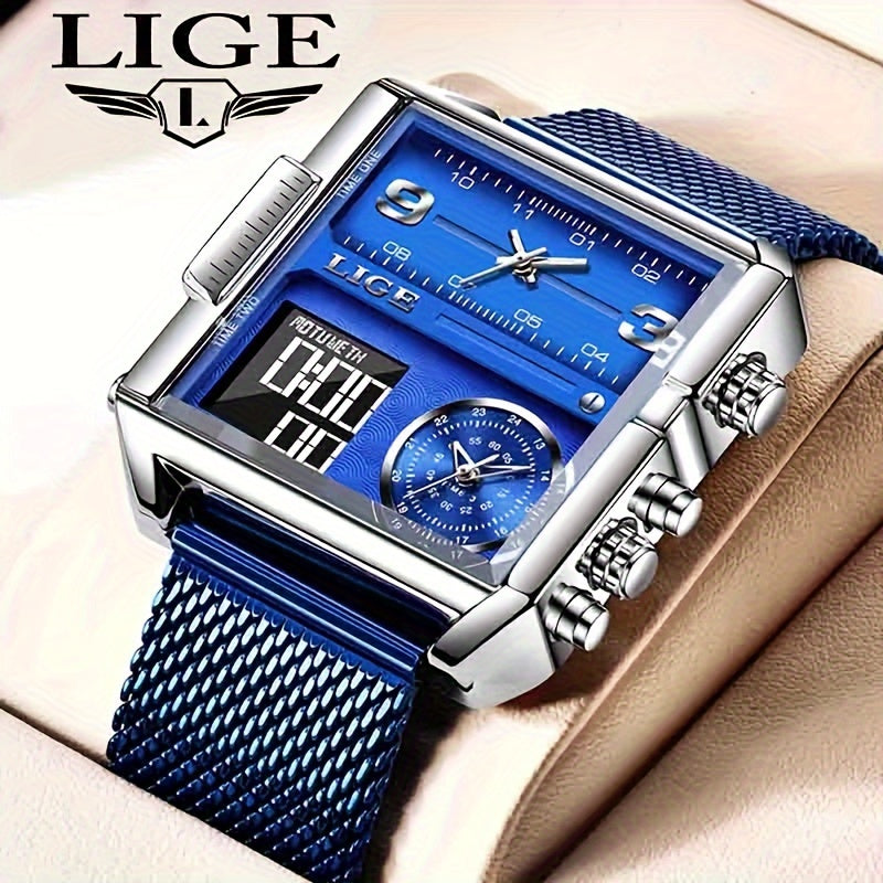 LIGE Fashion Luxury Men's Watch. Watch with Square Stainless Steel Strap. Dual Display Nightlight Second Timer Sports Outdoor Watch. Suitable for Halloween And Christmas Gifts.