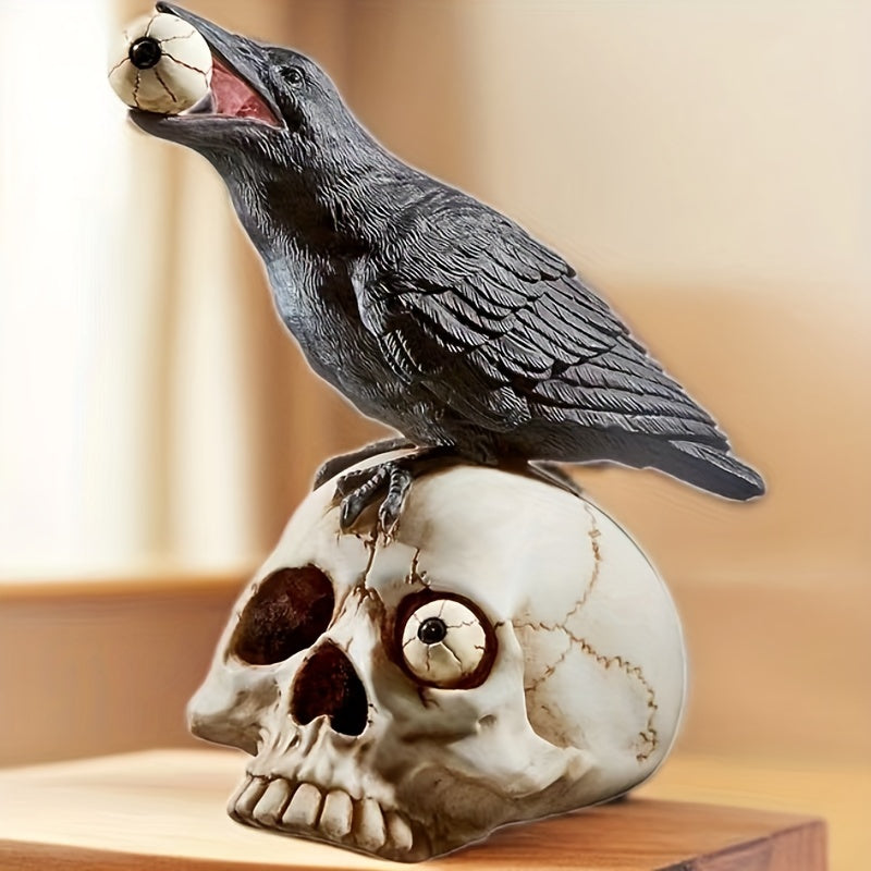 1pc Lifelike Raven & Skull Eyeball Decor, Spooky Halloween Scene Prop - Durable Resin, Perfect for Haunted Houses, Bars, and Secret Rooms - Creepy Skull Head Ornament with Realistic Feathered Texture