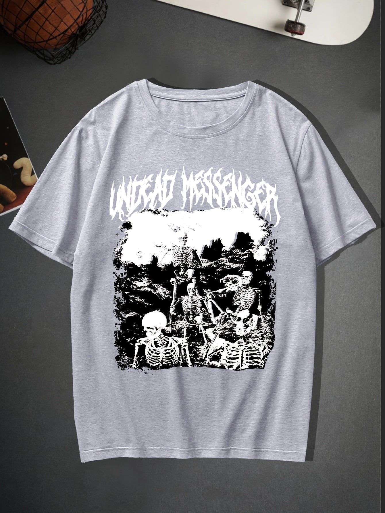 Trendy Skeleton & Letter Pattern Print Men's Comfy T-shirt For Halloween, Graphic Tee Men's Summer Outdoor Clothes, Men's Clothing, Tops For Men