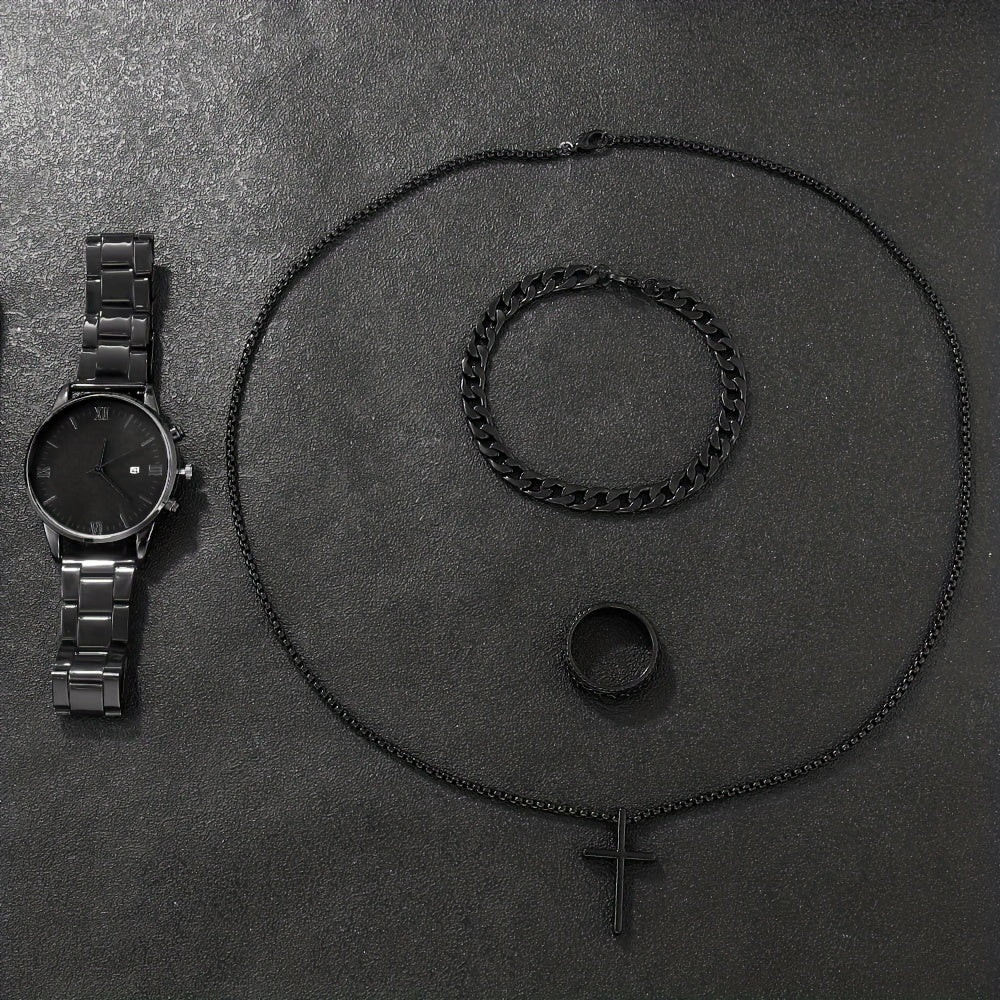 4pcs/set, Men's Simple Pointer Round Black Calendar Quartz Watch And Black Cross Pendant Necklace, Ring, Bracelet Set, Gift For Him
