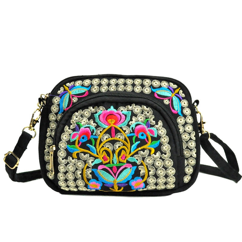Vibrant Floral Embroidered Crossbody Bag for Women - Lightweight, Double-Sided Design with Detachable Strap, Zipper Closure, and Phone Pocket - Perfect for Casual Outings, Travel Accessory | Vibrant Pattern Bag | Coin Purse