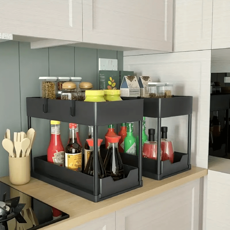 1pc Under Sink Storage Organizer - Bathroom Kitchen Cabinet Organizer with Sliding Drawer, 2-Tier Basket, Hooks, Storage Cup, and Home Kitchen Accessories for Maximum Space Utilization and Easy Cleaning