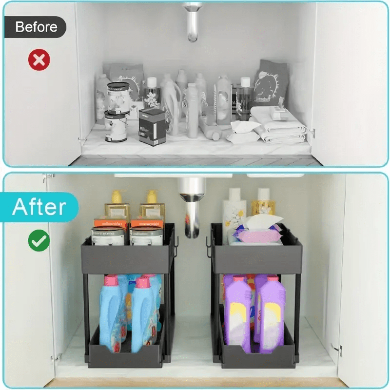 1pc Under Sink Storage Organizer - Bathroom Kitchen Cabinet Organizer with Sliding Drawer, 2-Tier Basket, Hooks, Storage Cup, and Home Kitchen Accessories for Maximum Space Utilization and Easy Cleaning