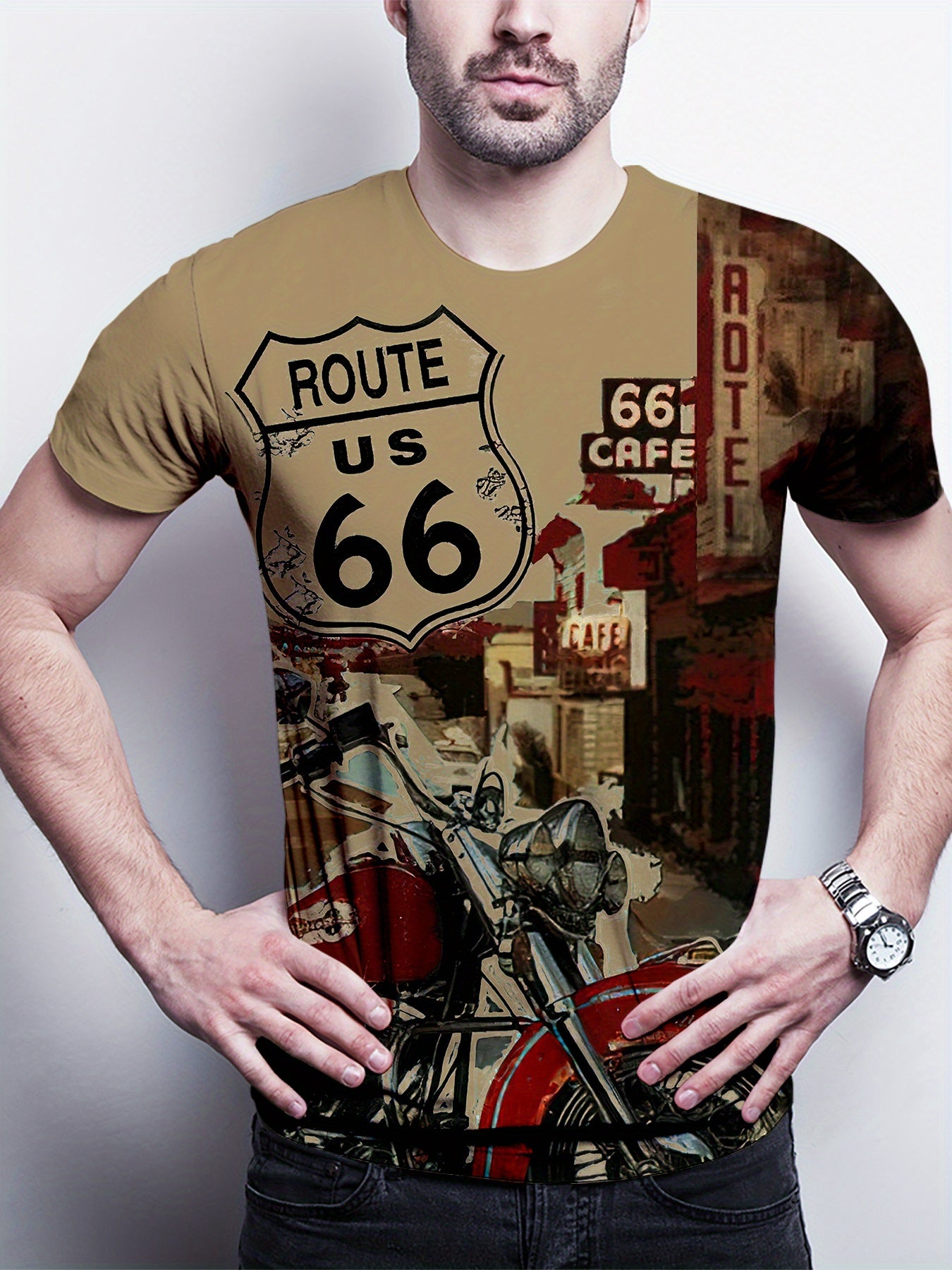 Retro Motorcycle Print, Men's Graphic Design Crew Neck Active T-shirt, Casual Comfy Tees Tshirts For Summer, Men's Clothing Tops For Daily Gym Workout Running