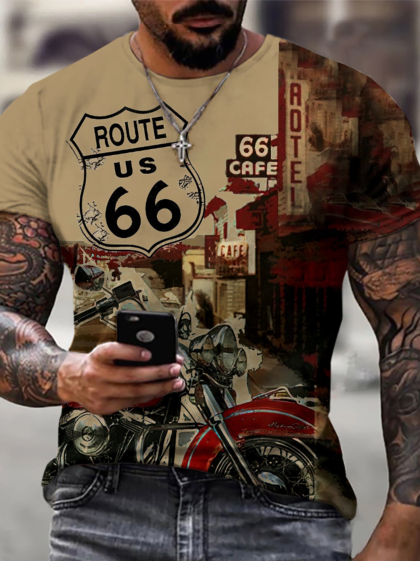 Retro Motorcycle Print, Men's Graphic Design Crew Neck Active T-shirt, Casual Comfy Tees Tshirts For Summer, Men's Clothing Tops For Daily Gym Workout Running