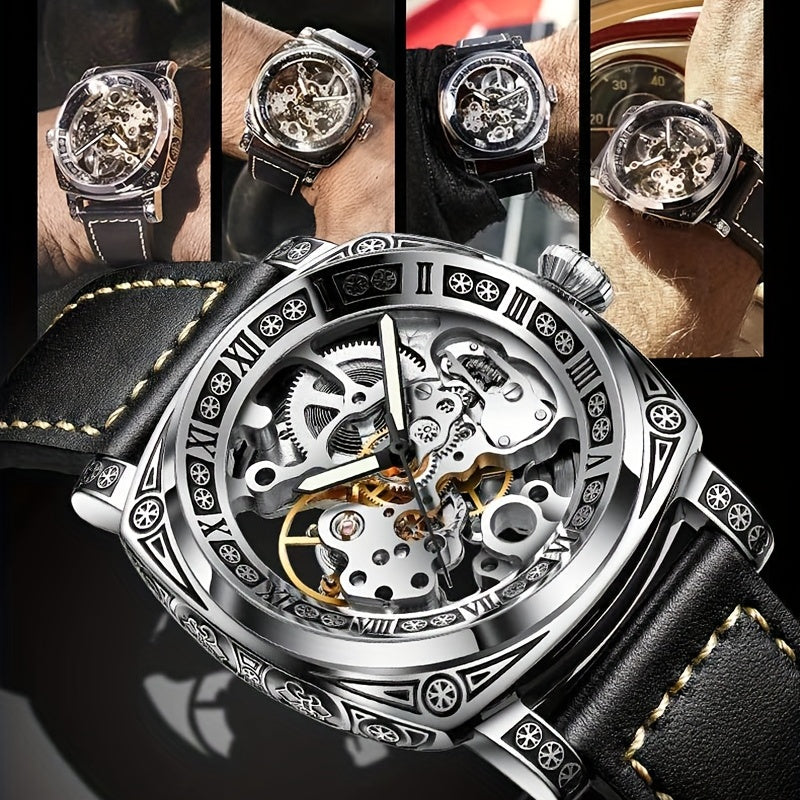 Elegant Mechanical Men's Watch: Self-Winding, Waterproof, with Stylish Hollow Design - Round Dial & Precision Timekeeping