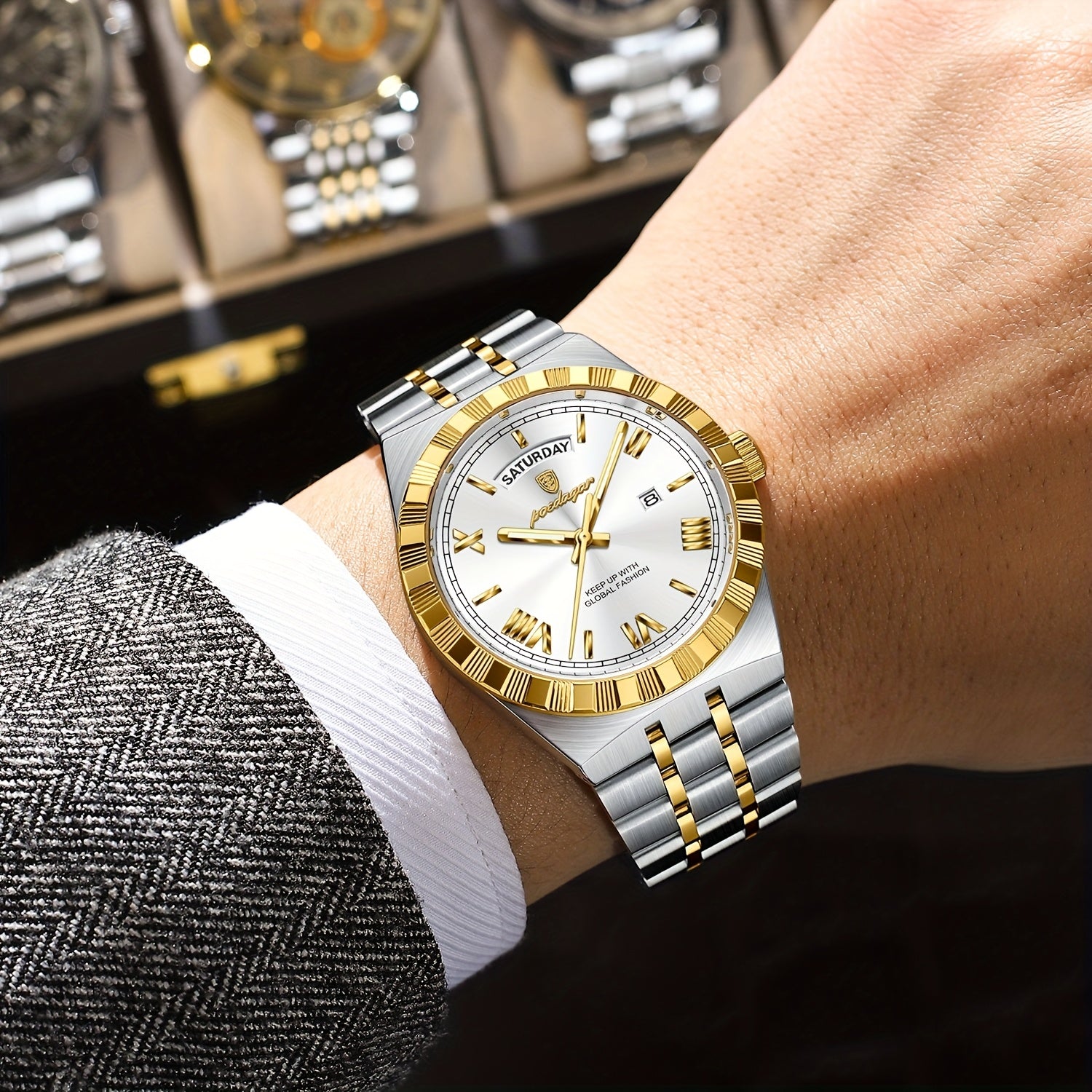 Business Trend Men's Watch Waterproof Calendar Week Stainless Steel Quartz Wristwatch