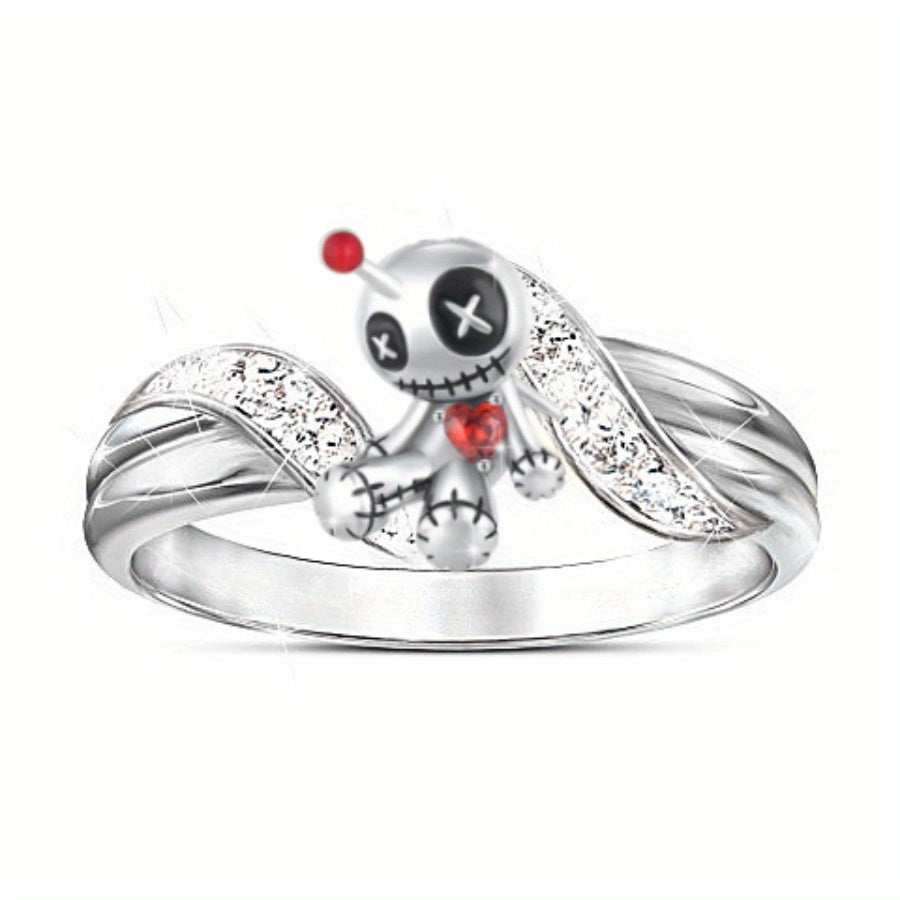 1pc Gothic Cartoon Red Heart Voodoo Doll Ring – Whimsical Devil Design with Glass & Alloy Accents, Edgy Halloween Jewelry Gift for Women, Costume Accessory | Whimsical Jewelry | Alloy Construction