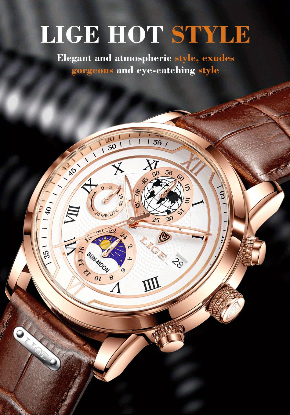 LIGE New Watch Night Light Moon Phase Quartz Watch, Fashion Multi Functional Calendar Sports Men's Watch