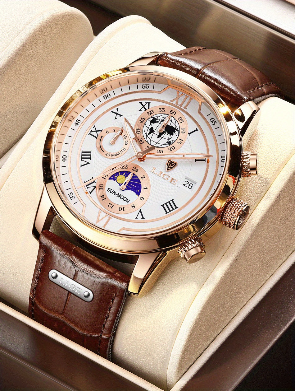 LIGE New Watch Night Light Moon Phase Quartz Watch, Fashion Multi Functional Calendar Sports Men's Watch