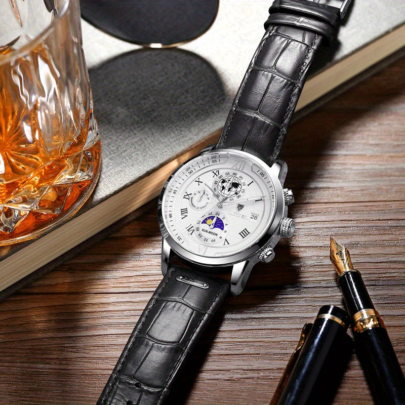 LIGE New Watch Night Light Moon Phase Quartz Watch, Fashion Multi Functional Calendar Sports Men's Watch