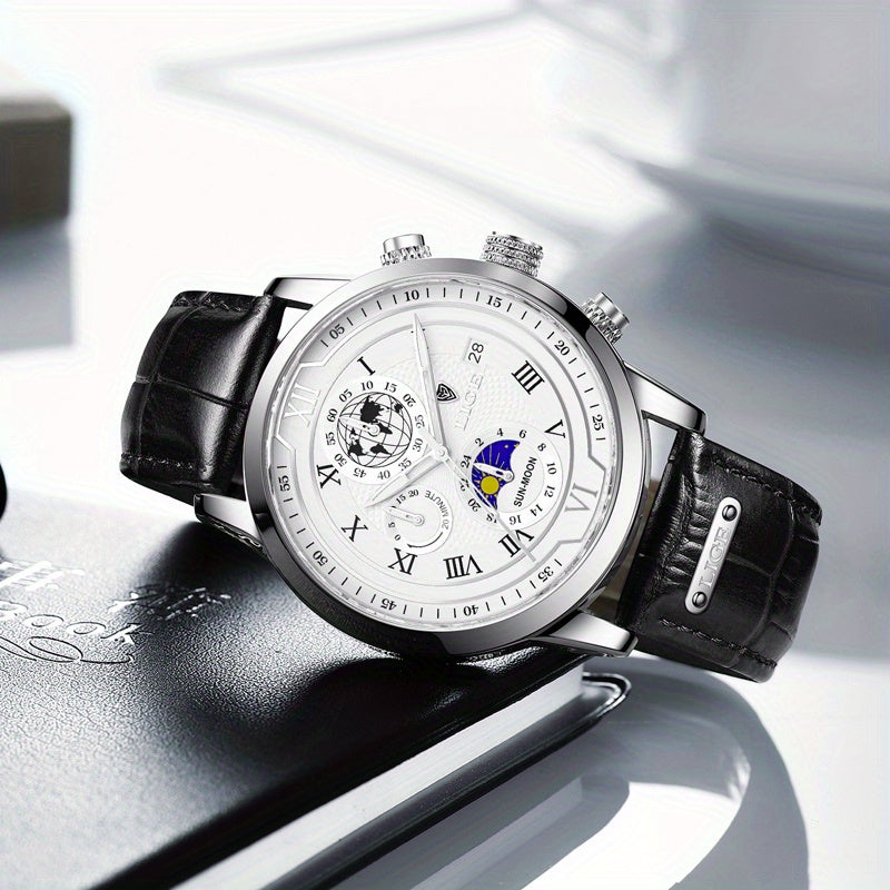 LIGE New Watch Night Light Moon Phase Quartz Watch, Fashion Multi Functional Calendar Sports Men's Watch