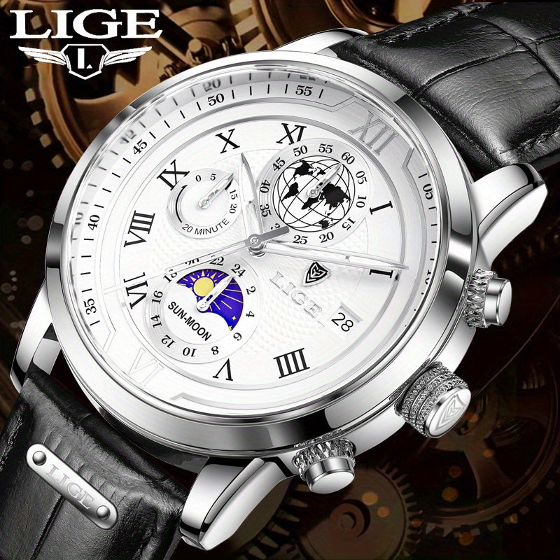 LIGE New Watch Night Light Moon Phase Quartz Watch, Fashion Multi Functional Calendar Sports Men's Watch