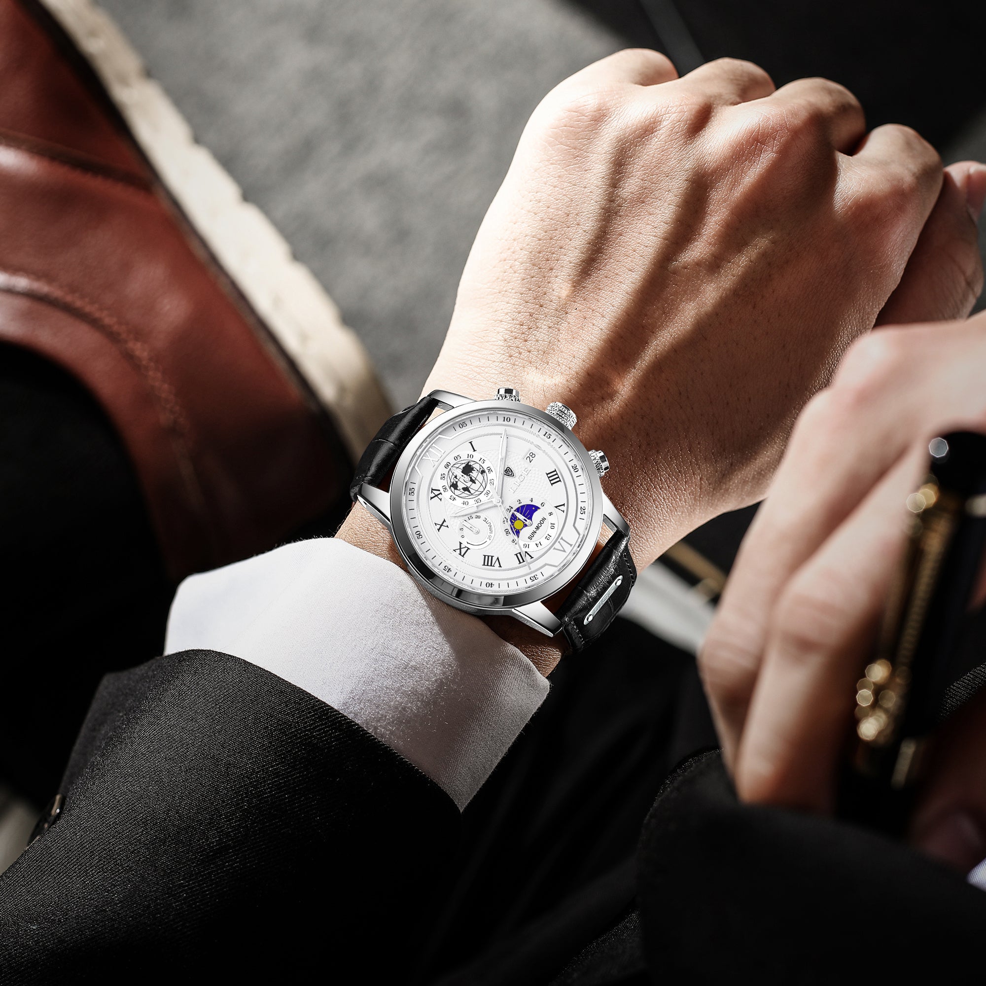 LIGE New Watch Night Light Moon Phase Quartz Watch, Fashion Multi Functional Calendar Sports Men's Watch