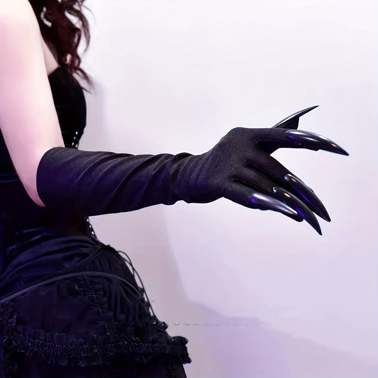 Women's Gothic Long Black Gloves with Claw Fingertips, Cotton Blend Stretch Fabric, Solid Color, Exposed Finger Design, Perfect for Role-playing and Halloween Parties, Striped Detail, No Feathers