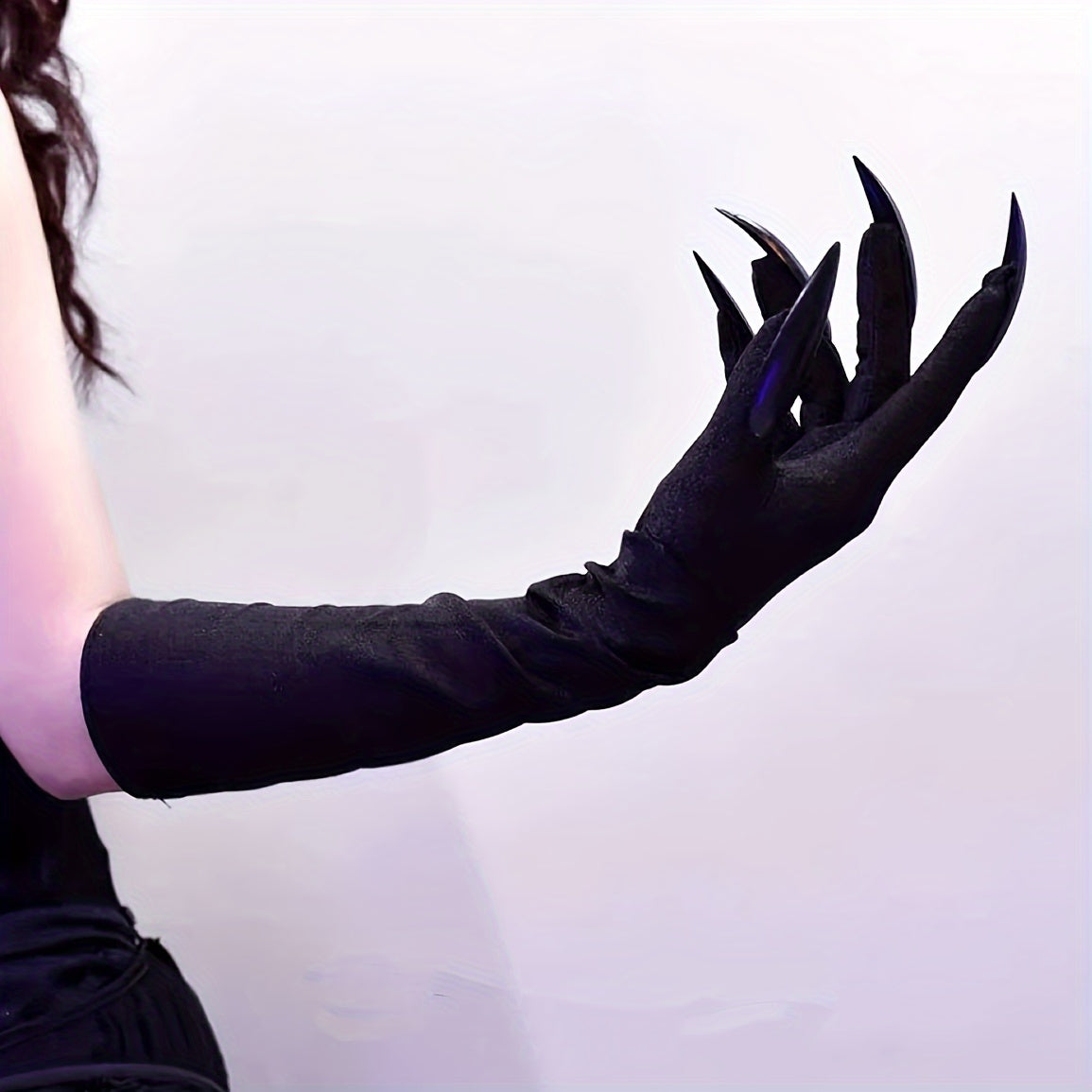 Women's Gothic Long Black Gloves with Claw Fingertips, Cotton Blend Stretch Fabric, Solid Color, Exposed Finger Design, Perfect for Role-playing and Halloween Parties, Striped Detail, No Feathers