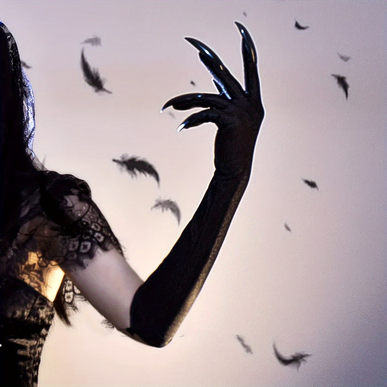 Women's Gothic Long Black Gloves with Claw Fingertips, Cotton Blend Stretch Fabric, Solid Color, Exposed Finger Design, Perfect for Role-playing and Halloween Parties, Striped Detail, No Feathers