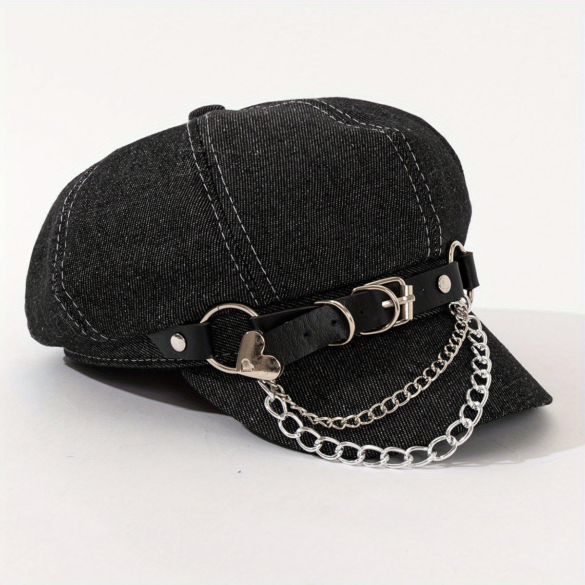 1pc Punk Style Denim Newsboy Cap with Metal Chain & Belt Detail - Black Washed Polyester Beret for Women, Lightweight & Hand Washable, Perfect for Parties, Halloween, and Gifts