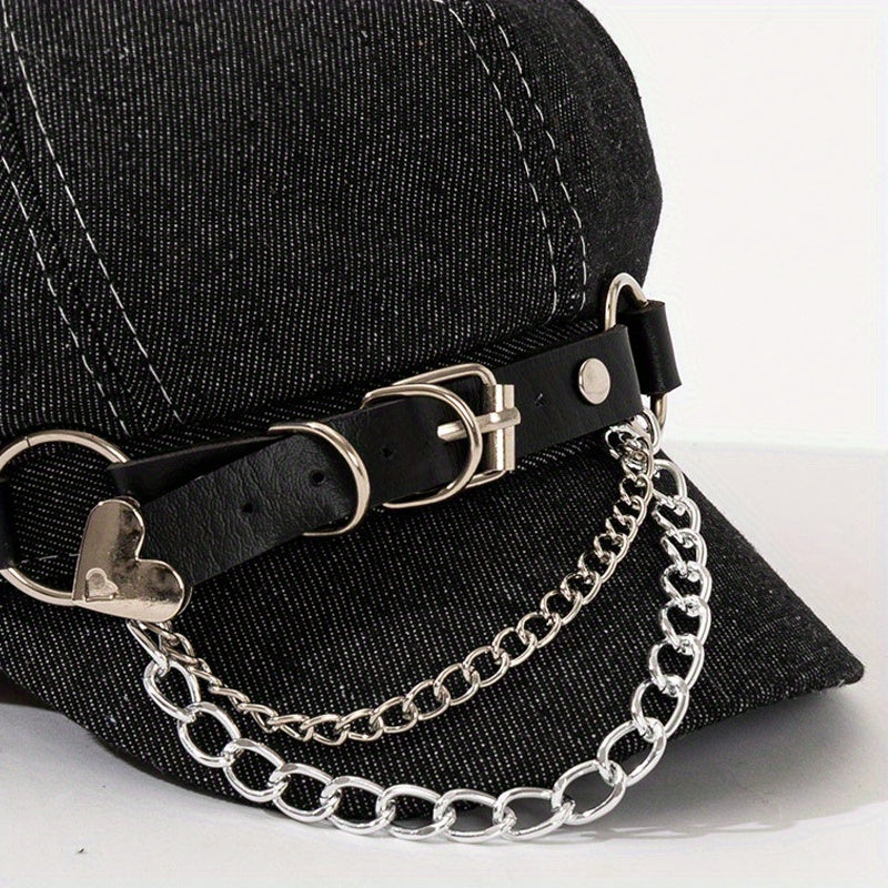 1pc Punk Style Denim Newsboy Cap with Metal Chain & Belt Detail - Black Washed Polyester Beret for Women, Lightweight & Hand Washable, Perfect for Parties, Halloween, and Gifts