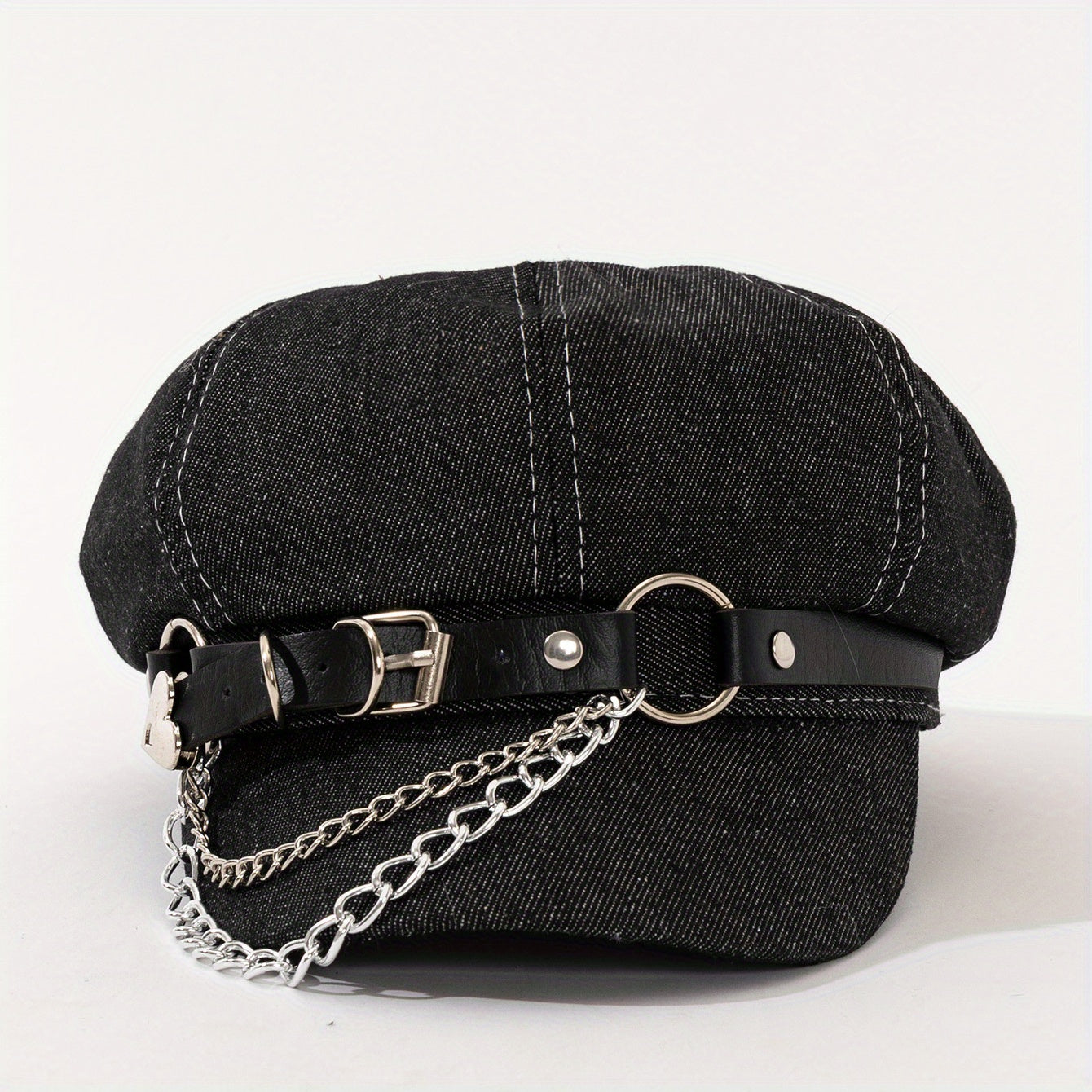 1pc Punk Style Denim Newsboy Cap with Metal Chain & Belt Detail - Black Washed Polyester Beret for Women, Lightweight & Hand Washable, Perfect for Parties, Halloween, and Gifts
