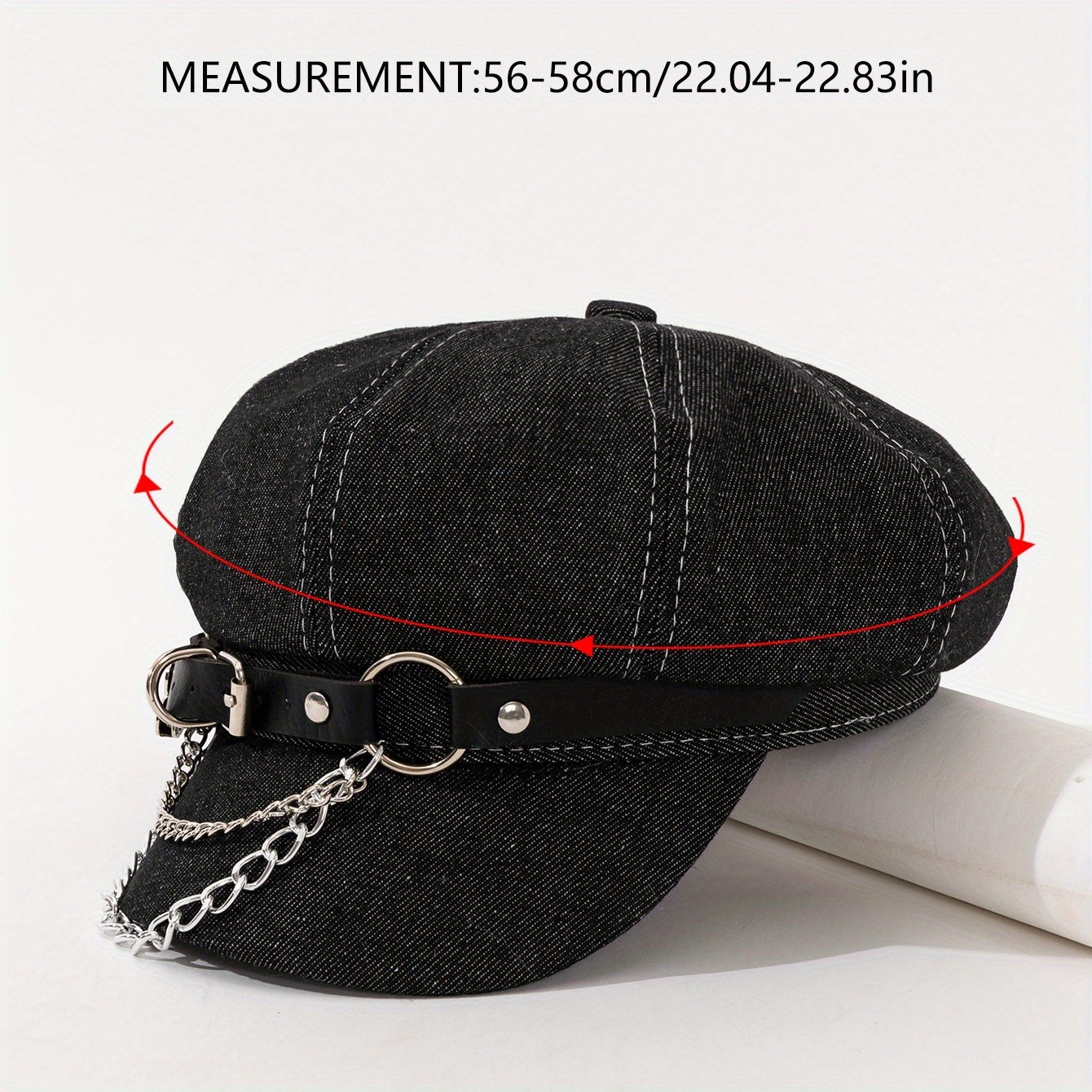 1pc Punk Style Denim Newsboy Cap with Metal Chain & Belt Detail - Black Washed Polyester Beret for Women, Lightweight & Hand Washable, Perfect for Parties, Halloween, and Gifts