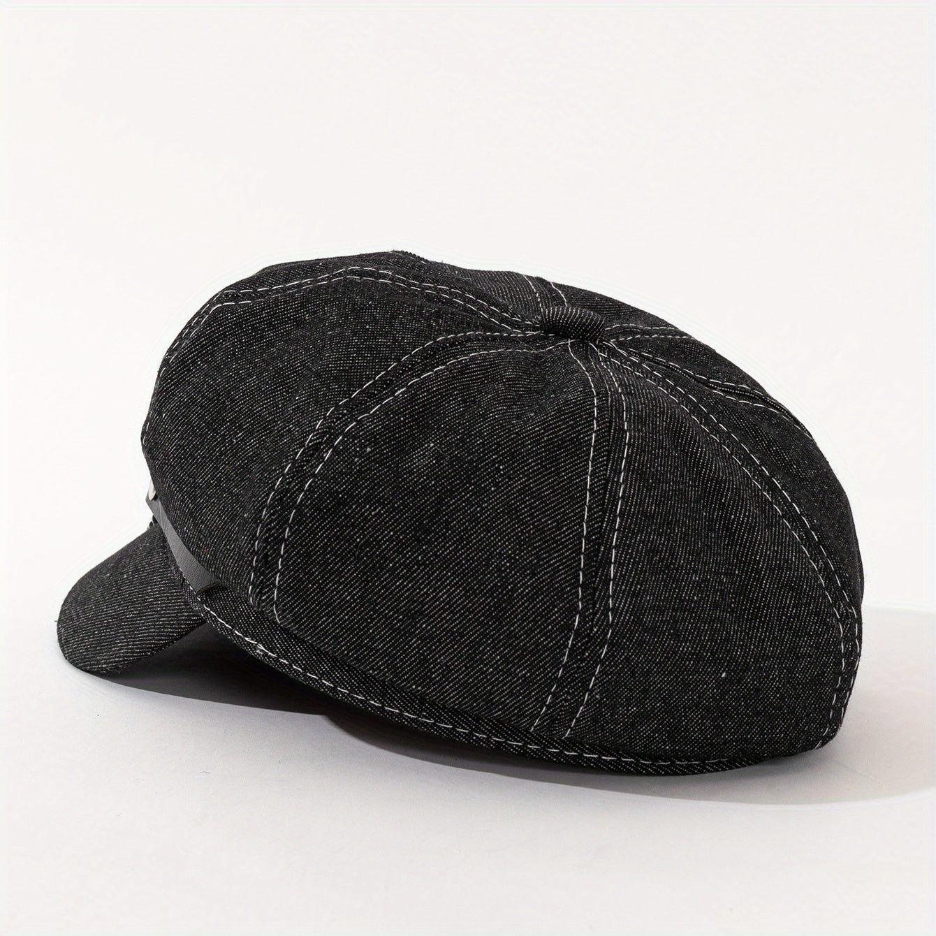 1pc Punk Style Denim Newsboy Cap with Metal Chain & Belt Detail - Black Washed Polyester Beret for Women, Lightweight & Hand Washable, Perfect for Parties, Halloween, and Gifts