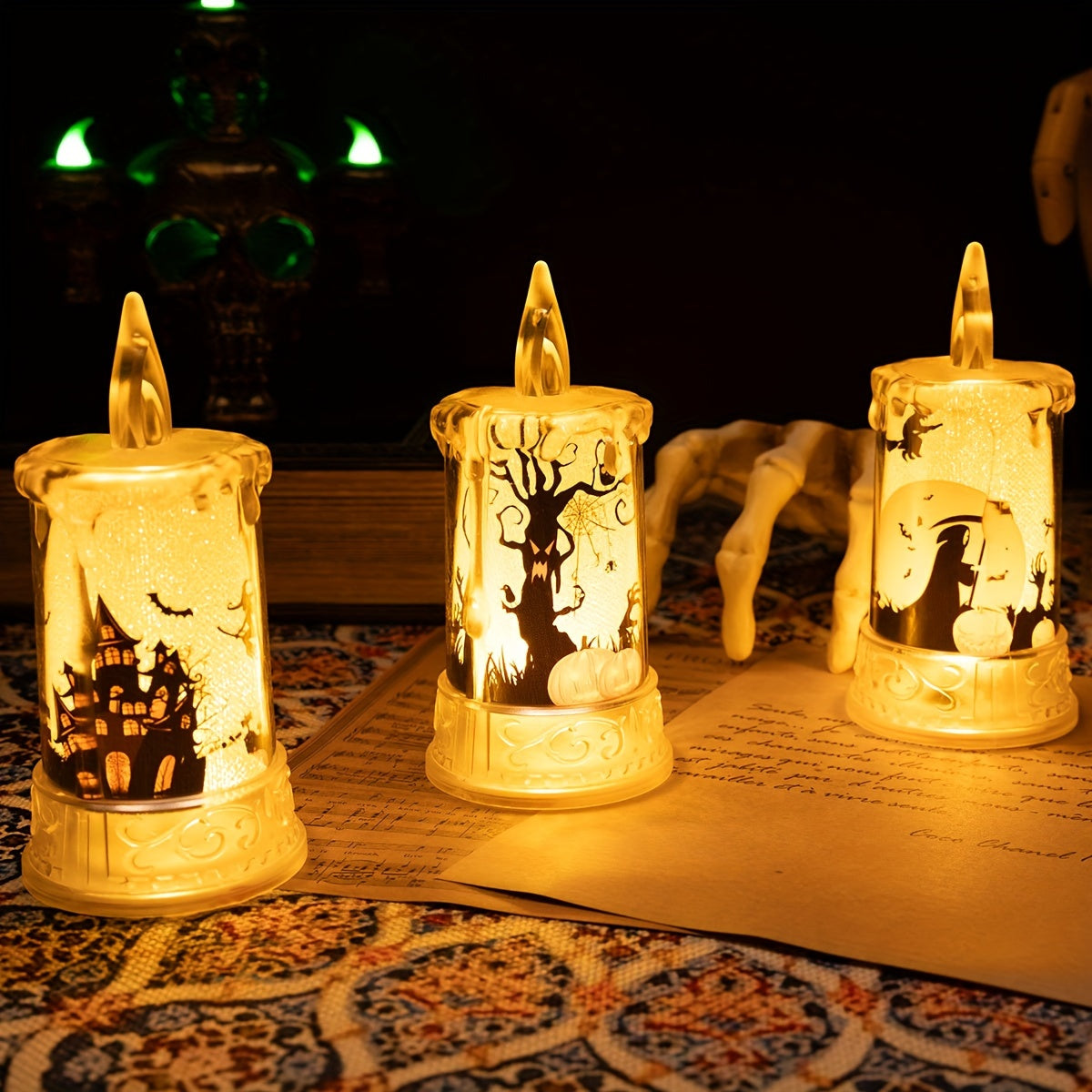 Halloween LED Candle Lights, 1-Pack, Spooky Tabletop Decorations, Plastic Flickering Flameless Pillar Candles, Includes Batteries, Halloween Party Supplies, Ghostly Scene Props, Button Battery Operated