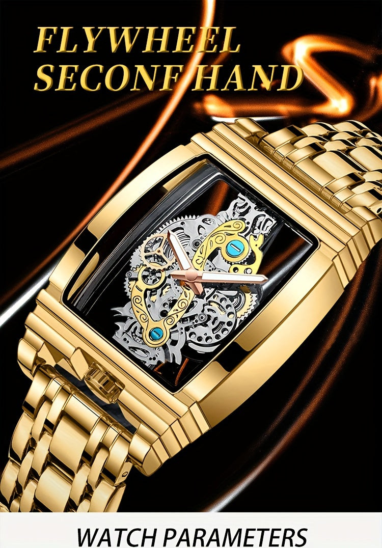 Sleek Luxury Men's Quartz Watch - Stainless Steel Band, Luminous Dial, Hollow-Out Design, Folding Clasp