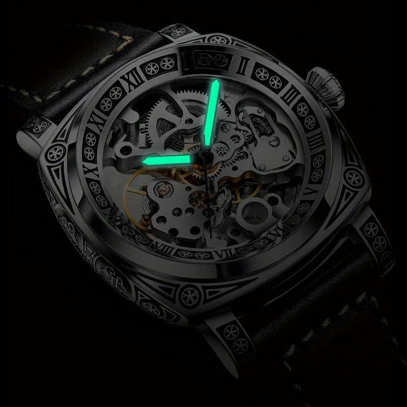 Elegant Mechanical Men's Watch: Self-Winding, Waterproof, with Stylish Hollow Design - Round Dial & Precision Timekeeping