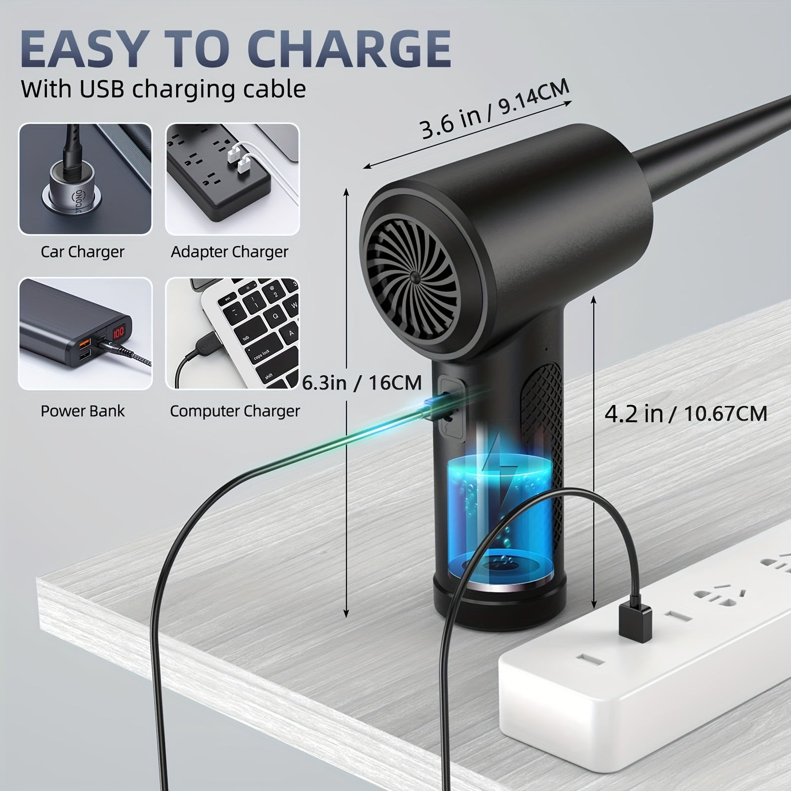 4000mAh Rechargeable Portable 3-Speed Electric Air Duster with LED Light, Cordless, Fast Charge, Ideal for Keyboards & Electronics, Black