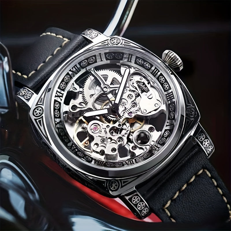 Elegant Mechanical Men's Watch: Self-Winding, Waterproof, with Stylish Hollow Design - Round Dial & Precision Timekeeping
