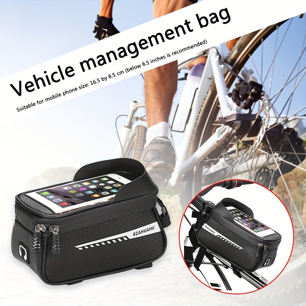 Waterproof Bike Front Frame Bag With TPU Touch Screen Visor And Rain Cover - Bike Storage And Phone Holder For Mountain Bikes (suitable For Phones Under 7 Inches)