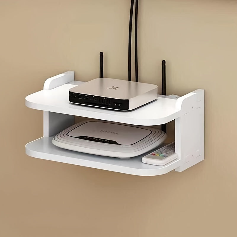 Space-Saving Wall-Mounted Shelf, Durable PVC Material, No-Drill Router & TV Top Box Organizer - Sleek White Storage Solution for Electronics, Cable Storage Organizer