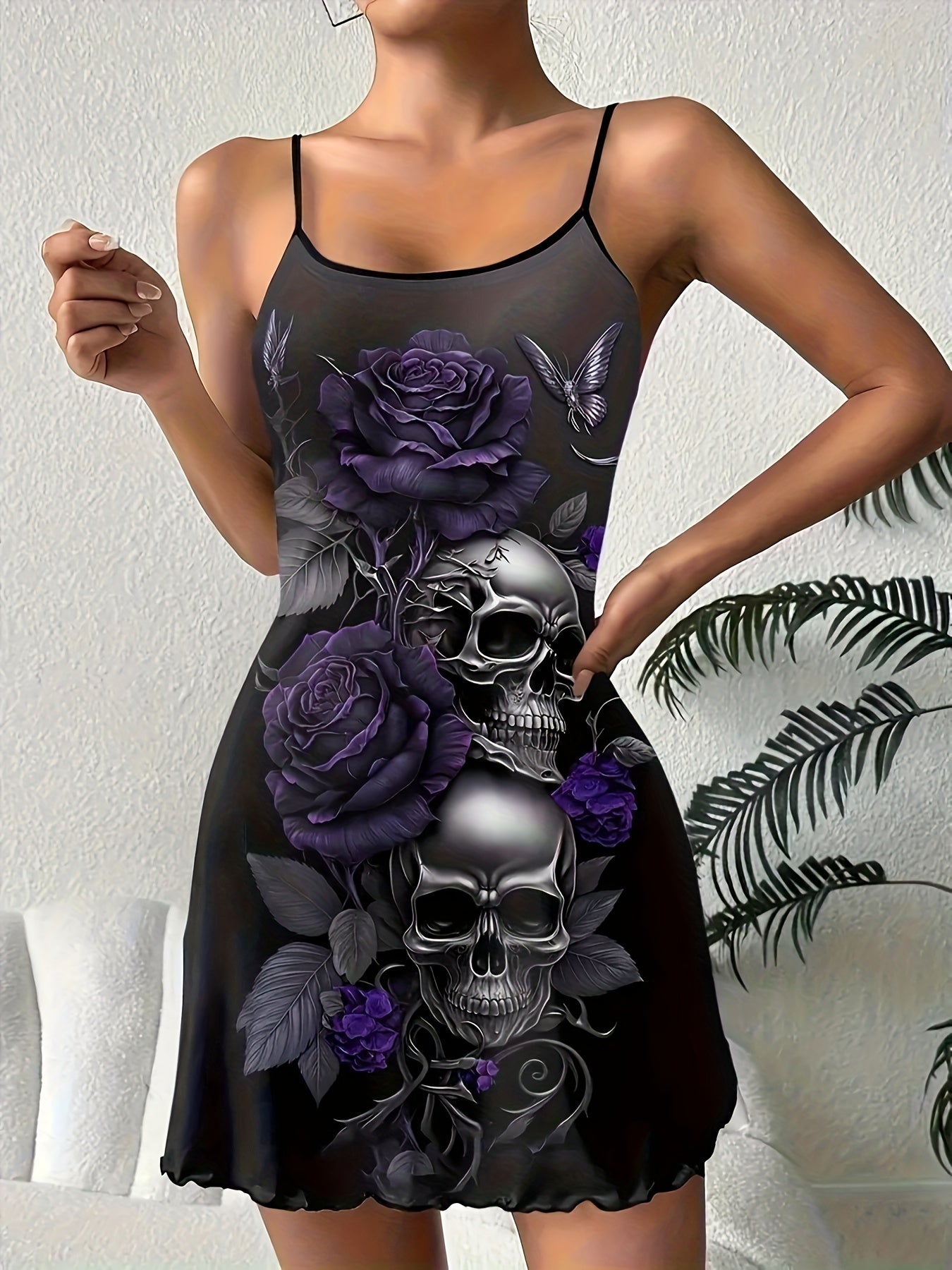 Women's Skull and Rose Print Gothic Ruffle Trim Sleep Dress, Round Neck Backless Spaghetti Suspender Dress, Halloween Comfortable Pajamas