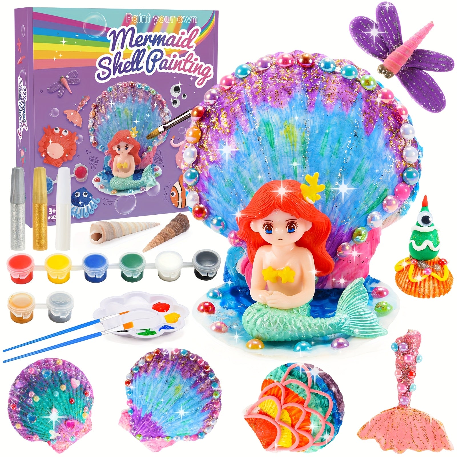Easter Basket Stuffers 17pcs Seashells Art And Craft Kits for Kids, Age 3-10 Gifts Toys Girl Gifts Birthday Presents Air DIY Clay for Kids Mermaid Toys Kids Painting Set