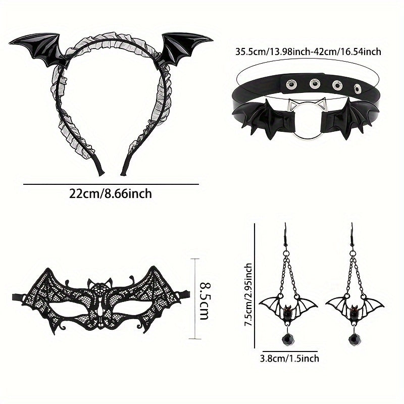 4-Piece Halloween Bat Costume Accessory Set with Headband and Mask, PU Leather Choker Necklace, Bat Earrings - Perfect for Cosplay, Masquerade, Carnival, Birthday, Bachelorette Party - Themed for Christmas, Halloween, Easter,